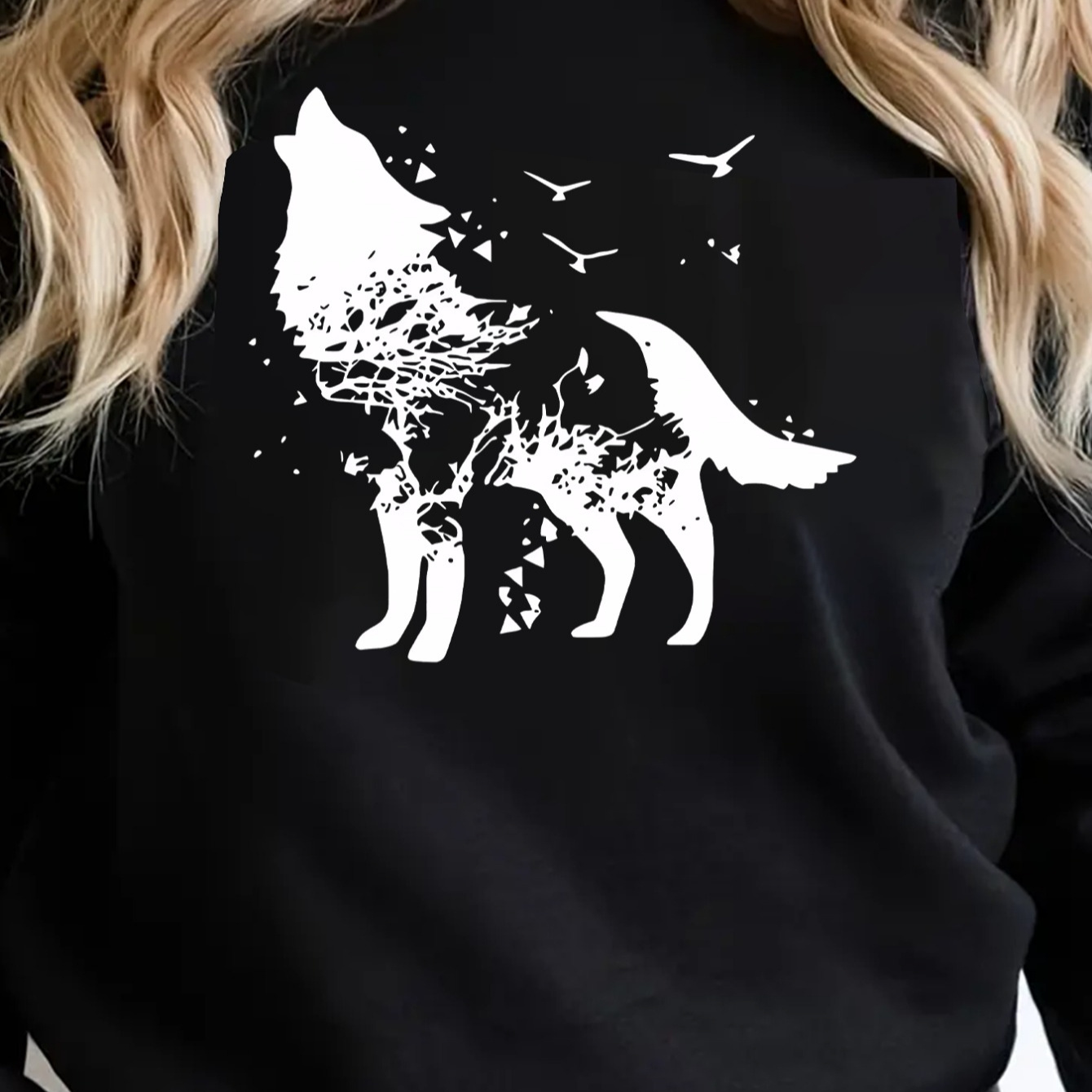 

Women's Casual Sweatshirt With Wolf Print, Cozy Thickened Knit Fabric, Polyester, Round Neck, Stretchy, , Adult Fashion Top