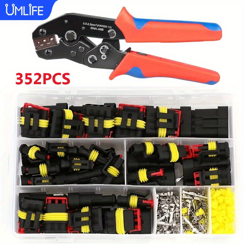 

Umlife 352pcs Automotive Quick Connect Hid Connector Kit With Sn-48b Crimping Pliers, 26 Sets 1/ 2/ 3/ Car Electrical Wire Harness Plugs, Rustproof, Sealed For In Cars & Trucks