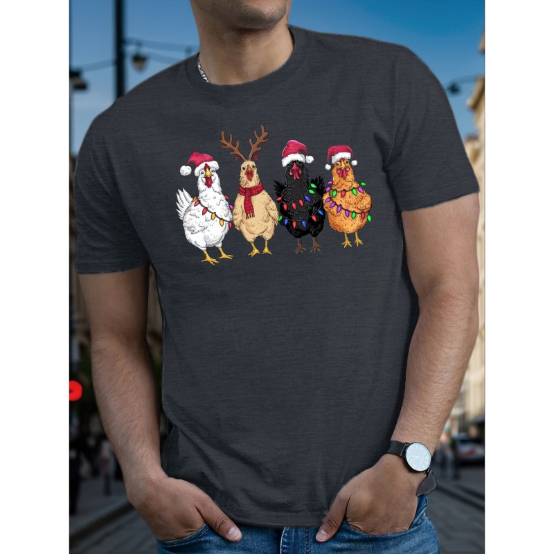 

Christmas Chickens Graphic T-shirt For Men - Casual Polyester Knit Fabric, Geometric Pattern, Round Neck, Regular Fit, Summer Short Sleeve