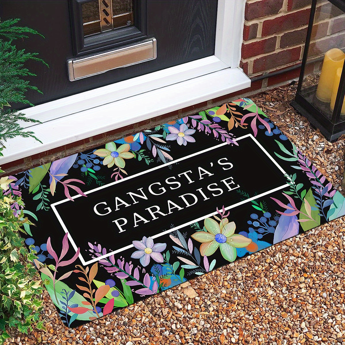 

Floral 's Paradise Letter Design Doormat - Polyester, Stain & Water-resistant, Non-slip Rectangle Mat For Indoor/outdoor, Dry Clean, Holiday Themes - Machine Made Entrance Floor Mat