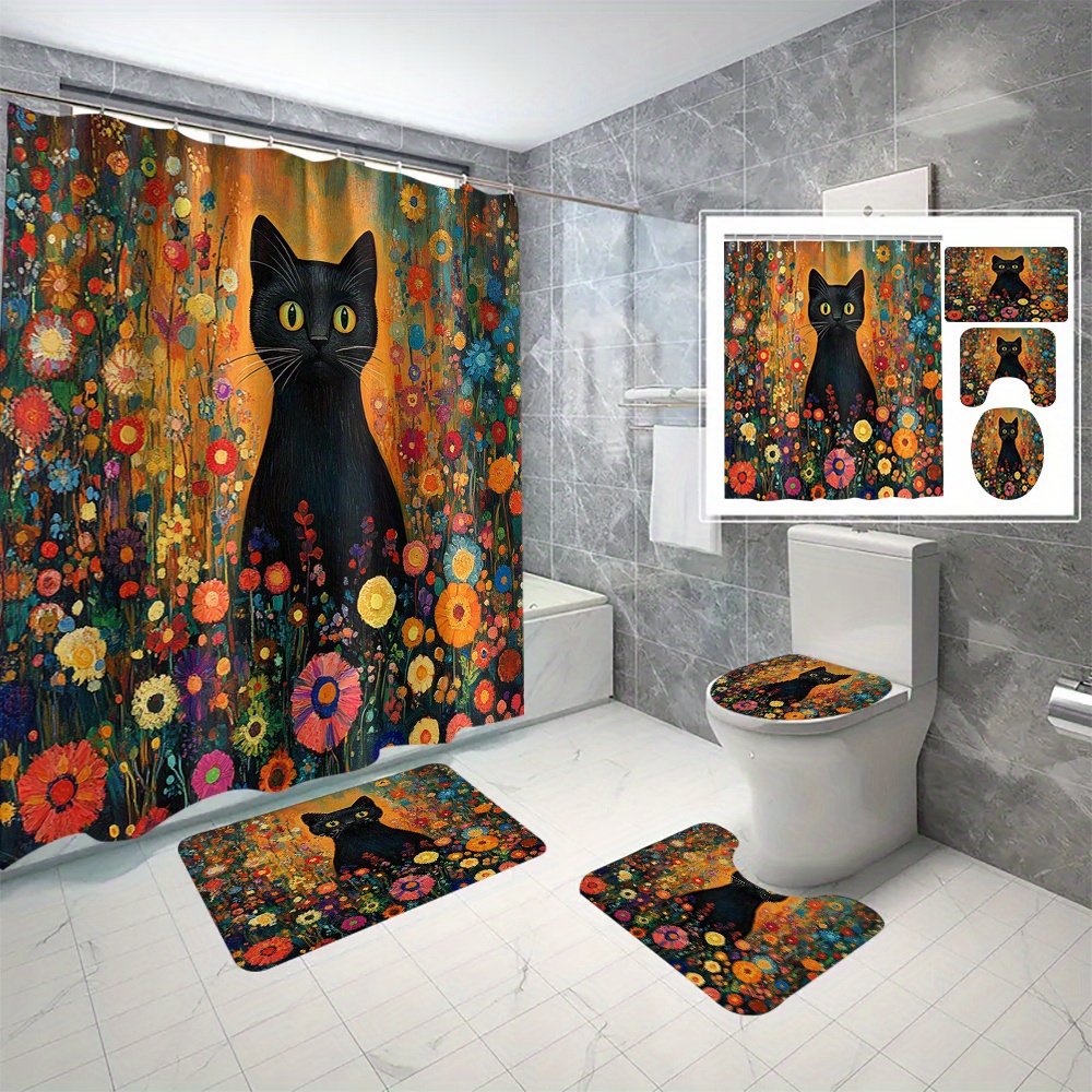 

Water-resistant Polyester Shower Curtain Set With Cartoon Black Cat In Print - Includes Hooks, Machine Washable, Animal Themed Bathroom Decor For All Seasons