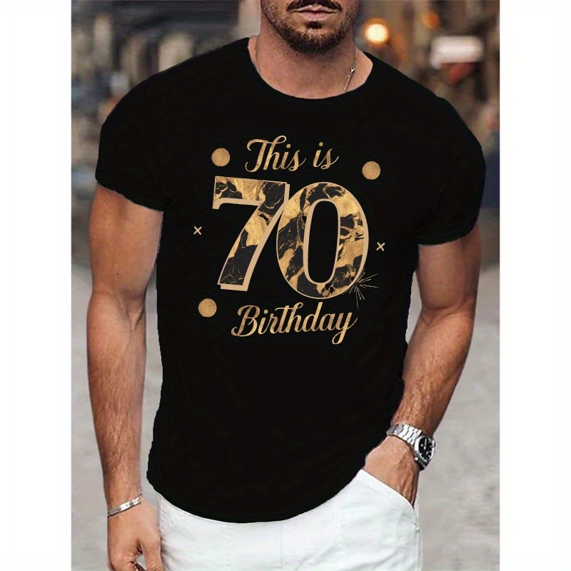 

70th Birthday Celebration T-shirt For Men - Casual Polyester Knit Fabric, Geometric Pattern, Round Neck, Summer Short Sleeve, Adult Fit