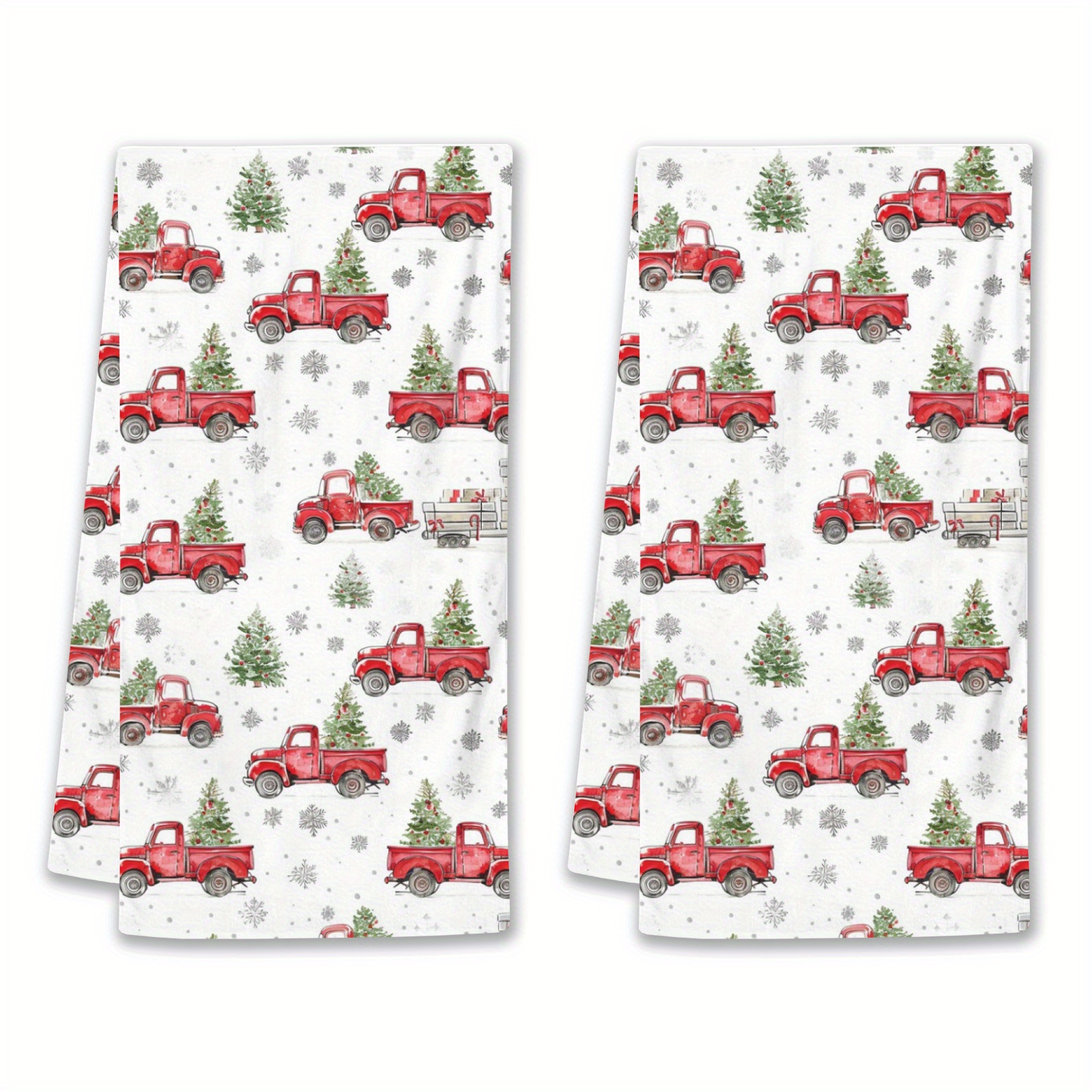 

2-pack Merry Christmas Kitchen Towels, 18x26 Inch, Polyester, Cartoon Christmas Tree Truck Design, Wash Only, , Dish And Hand Drying Towels For Home Decor