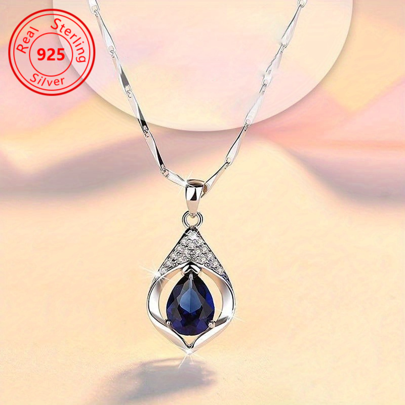 

1pc Teardrop Blue Zirconia 925 Sterling Silver Necklace - Exquisite Teardrop Shape, Simple Light Luxury Style For Women Perfect Wedding, Engagement Jewelry Gifts