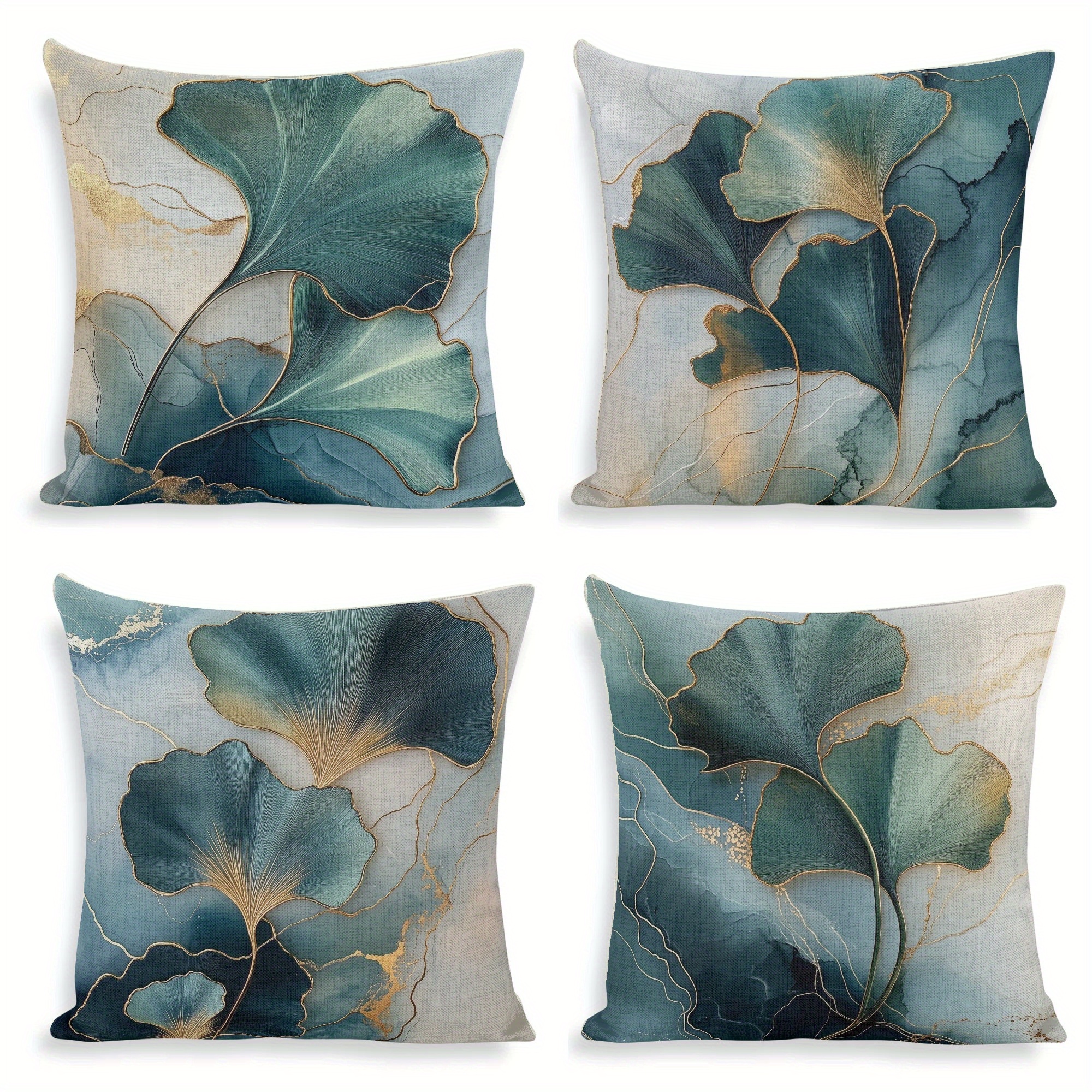 

Set Of 4 Leaf Throw Pillow Covers - Turquoise Linen, 18x18 Inch With Zipper Closure - Sofa & Bedroom Decor