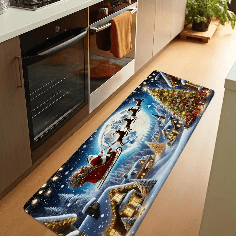 TEMU 1pc Merry Christmas Santa Claus Sleigh Theme Printed Kitchen Mat, Light Weight, Washable, Soft Padded Runner For Living Room, Bedroom, Kitchen