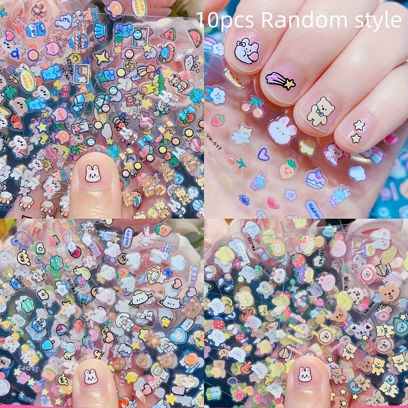 Image of 10pcs Random Mixed Styles Cute Cartoon Nail Art Stickers Set - Sparkling Rabbit & More, Self-adhesive Decals For Women And
