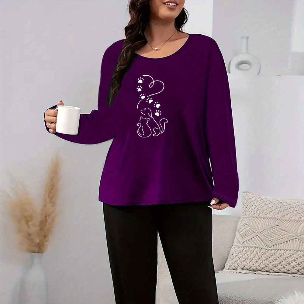 

Plus-size Paw Dog Print Long-sleeve Round Neck Loungewear Set For Autumn And Winter.