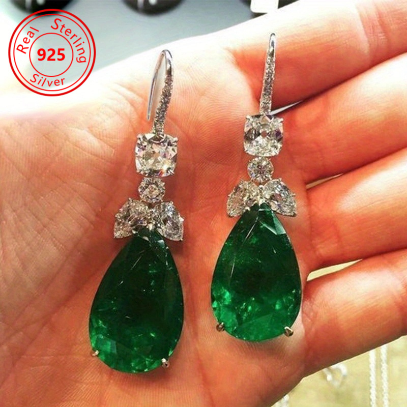 TEMU 1 Pair Of Exquisite Teardrop Shaped Green Zircon 925 Silver Plated Hook Hanging Earrings For Ladies And Brides, Wedding Earrings, Jewelry