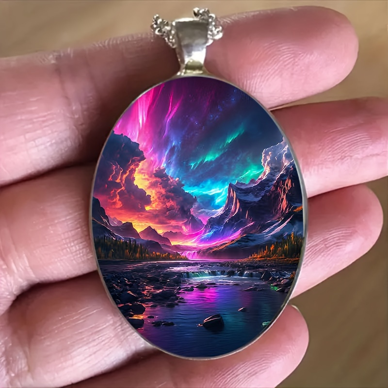 TEMU 1 Stylish And Elegant Aurora Landscape Pattern Oval Alloy Glass Pendant Necklace, Romantic Gift