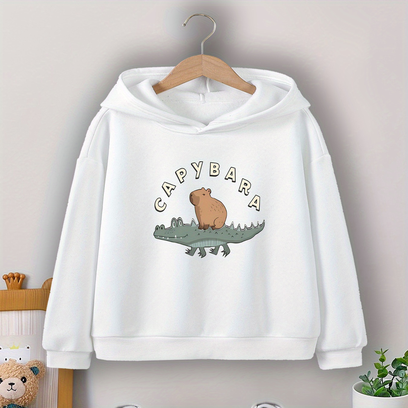 

Boys' Cozy Capybara & Crocodile Print Hoodie - Casual Pullover Sweatshirt For Fall/winter, Machine Washable