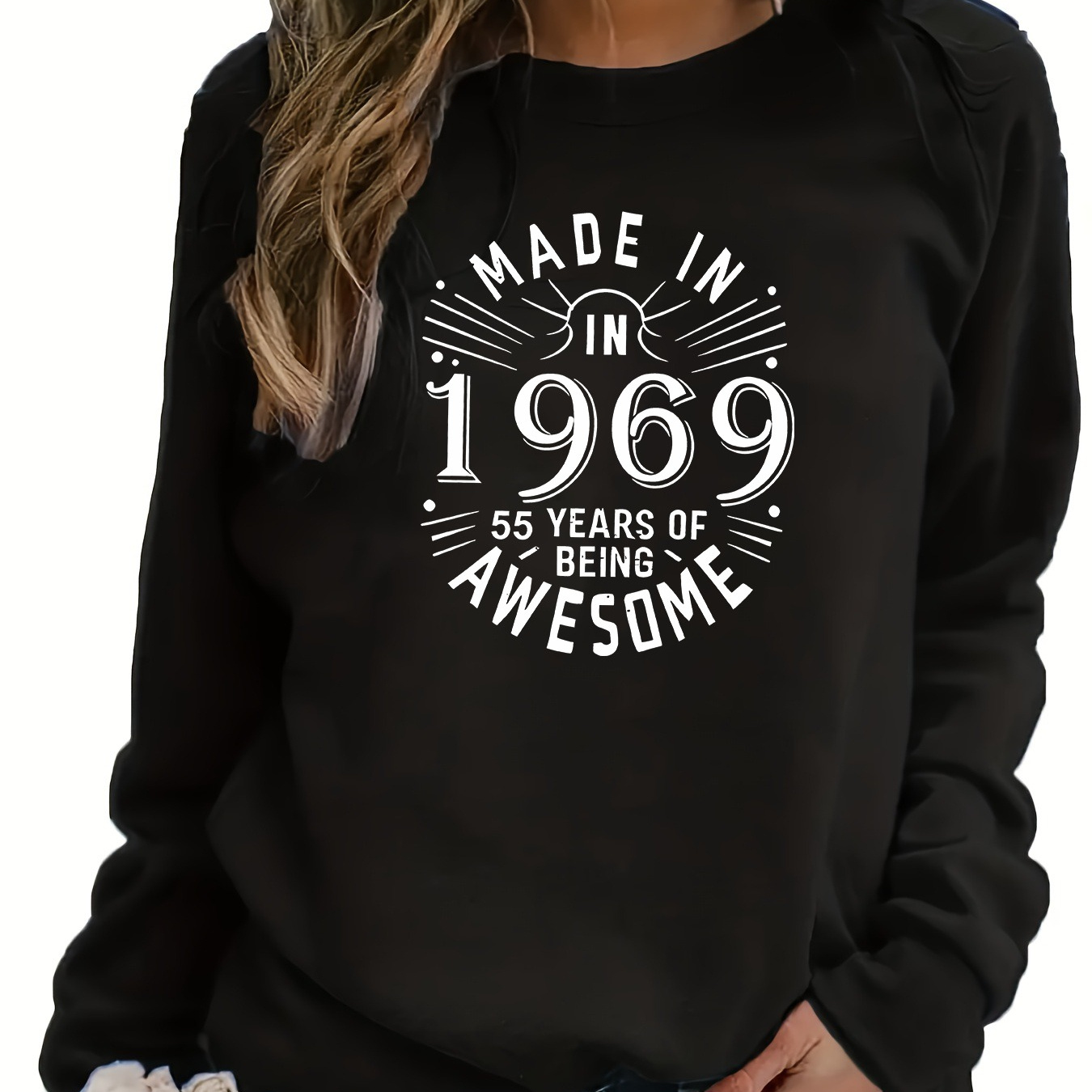 

Women's Casual 1969 Made In 1969 55 Years Of Being Awesome Print Sweatshirt - Polyester Knit Fabric, Round Neck, Long Sleeve, All-season Comfort