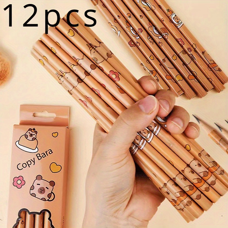 

12-pack Capybara Kawaii Pencil Set, Hb Hardness, Wooden Pencils, Back To School Stationery, Office Supplies, Multifunctional Writing Tools, Plastic Material