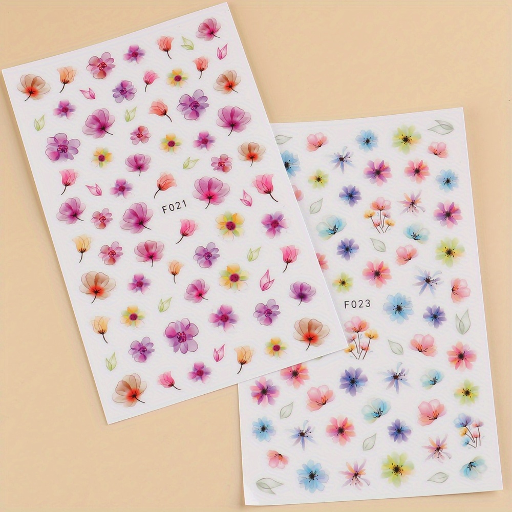 2 Sheets Floral Nail Art Stickers - Self-adhesive Glossy Finish, Irregular Flower Shapes, Vibrant Colors, Durable Plastic Diy Nail Decals For