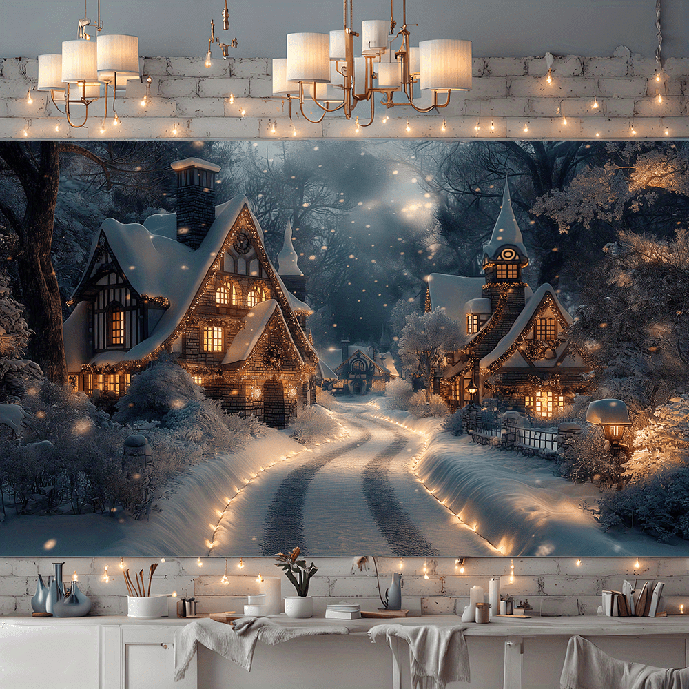 

Christmas & New Year's Snowy Town Wall Tapestry - Winter Wonderland Landscape, Easy-hang Polyester Decor For Home