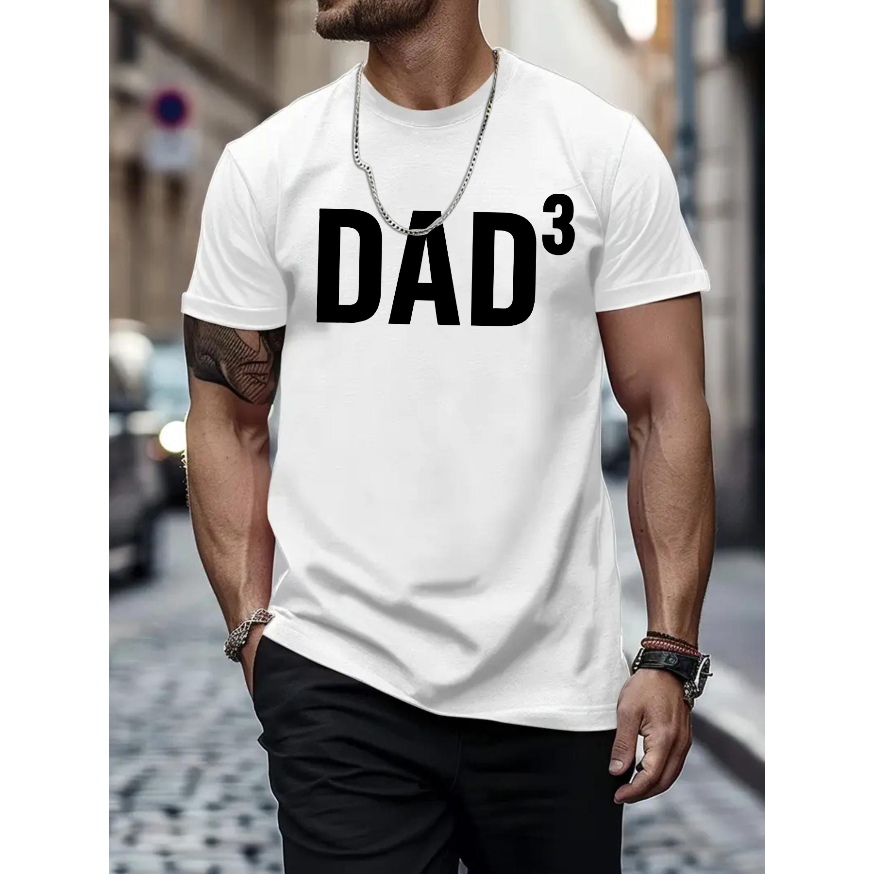 

Men's Fashionable Casual Crew Neck T-shirt With "dad³" Print - 100% Polyester Knit Fabric With Slight Stretch, Regular Fit Alphabet Patterned Top For Spring/summer