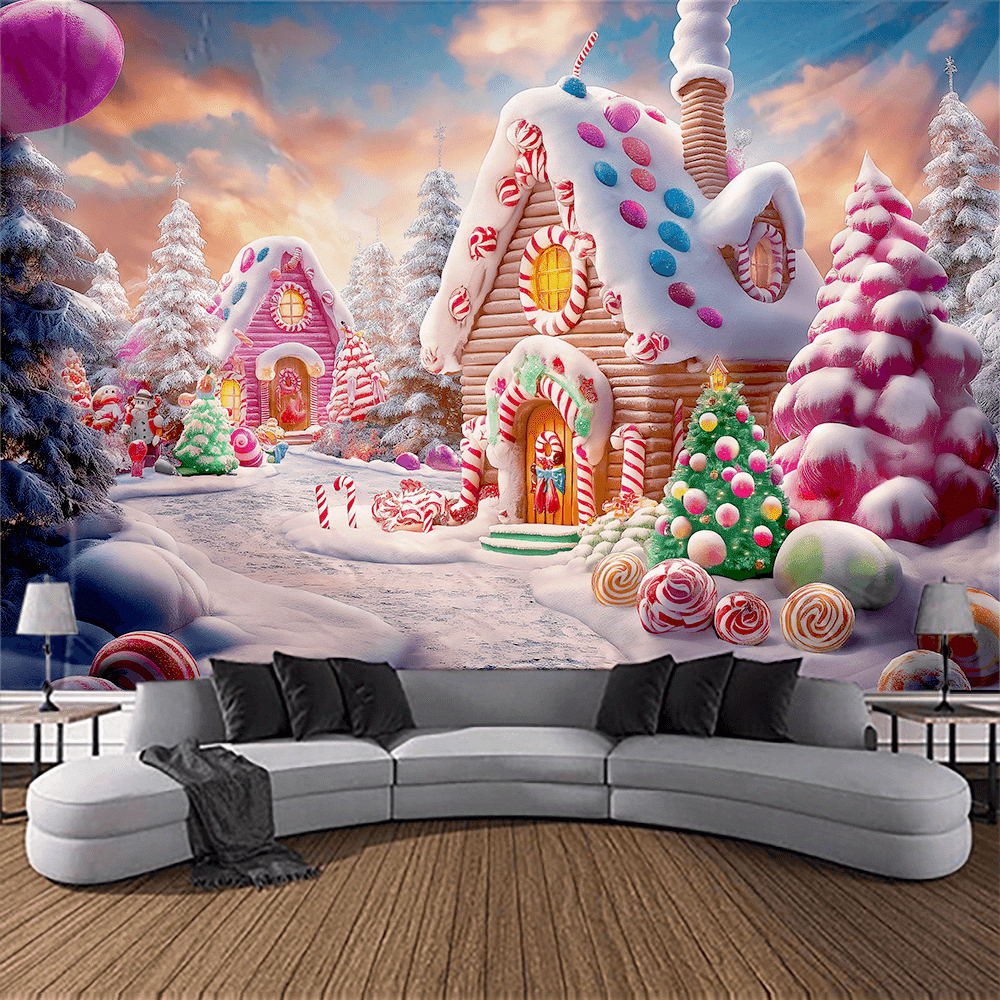TEMU Whimsical Christmas Candy Cottage Town Wall Tapestry - Vibrant Polyester Backdrop With Gingerbread Houses & Candy Trees, Room Decor, Gingerbread