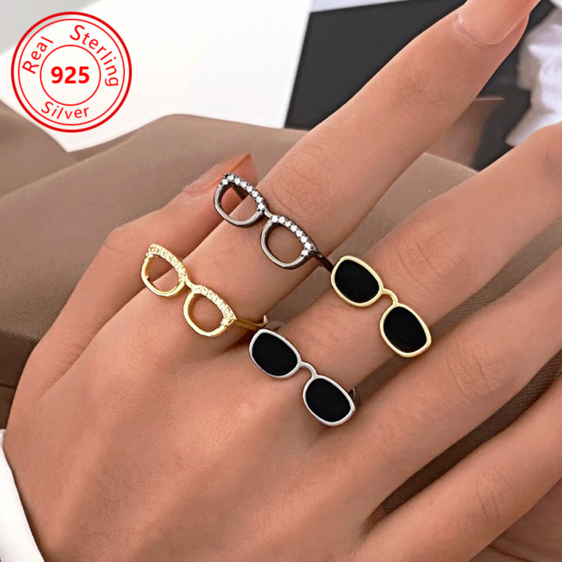 

4-piece Mini Glasses 925 Sterling Silver Ring, Personalized And Creative Opening Adjustable Index Finger Ring, Couple Ring