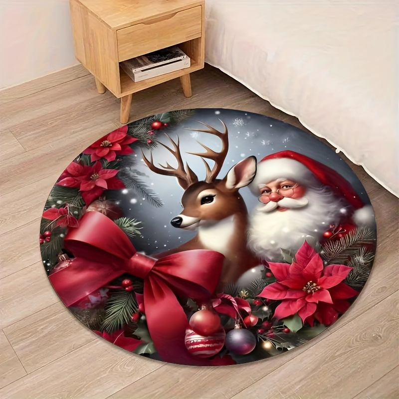 

Santa & Reindeer Round Rug - Soft, Stain-resistant & For Living Room, Bedroom Or Play Area With Non-slip Backing, Best For Christmas