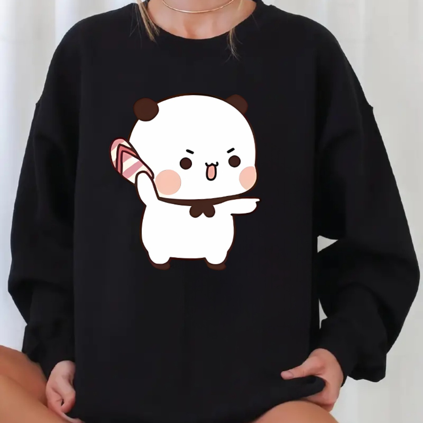 

Women's Casual Crew Neck Sweatshirt With Cute Cartoon Pudding Throwing Slipper Print, 100% Polyester Knit Fabric, Fleece-lined Long Sleeve Pullover For All