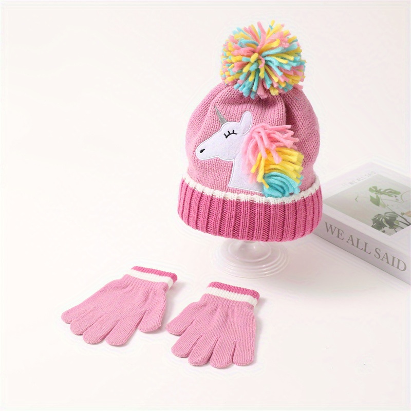 

Girls' Unicorn Knitted Beanie And Gloves Set - Polyester, Hand-knit Winter Warm Skull Cap With Elasticity & Lightweight Design, Includes Matching Mittens - Ideal For Boys And Girls, Hand Wash Or