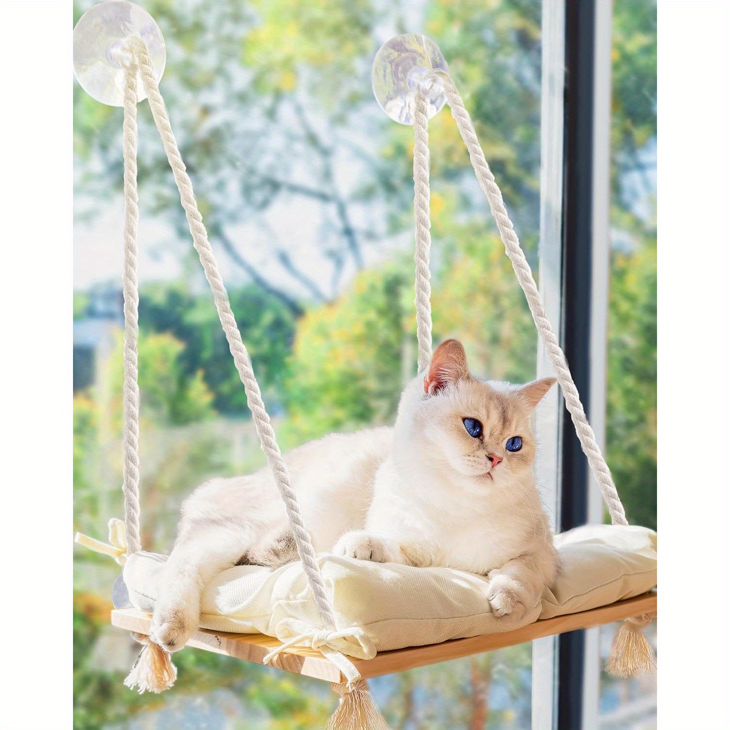 Cat Hammock with Strong Suction Cups Wood Framed Hanging Window Perch for Small Medium Indoor Cats Detachable Soft PP Cotton Filled Bed for Elevated Cat Resting Stress Relief Pet Furniture