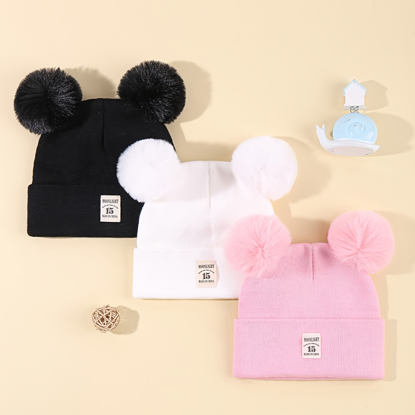 Image of 3pcs Adorable Pom Pom Knit Beanie Hats - Winter Accessories For Kids - Soft, Warm, And Colorful Headwear For Children