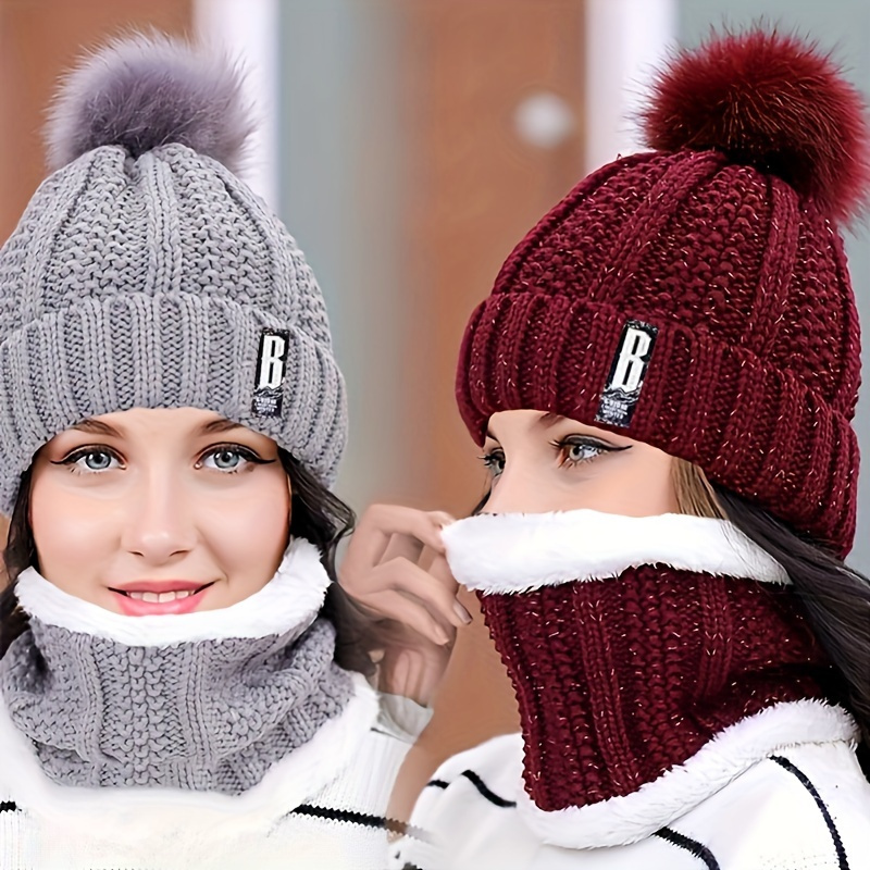 

Brand Winter Knitted Scarf Hat Set Thick Warm Skullies Beanies Hats For Women Solid Outdoor Snow Riding Ski Bonnet Caps Girl