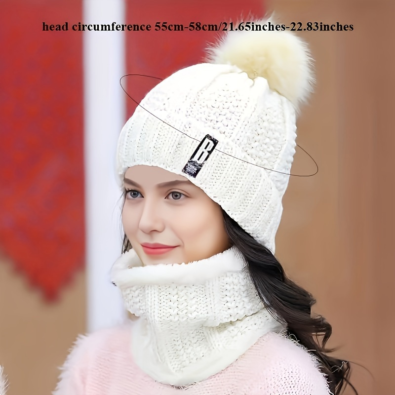 TEMU Brand Winter Knitted Scarf Hat Set Thick Warm Skullies Beanies Hats For Women Solid Outdoor Snow Riding Ski Bonnet Caps Girl