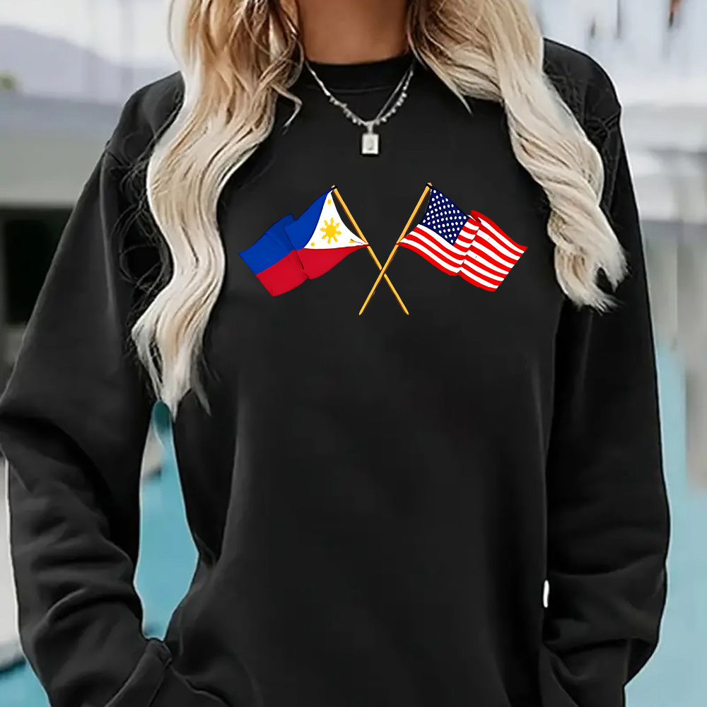 

Crossed Philippines & Usa Emblem Graphic Crew Neck Sweatshirt For Women, Casual Knit Polyester Pullover, Long Sleeve Sportswear Top For All Seasons