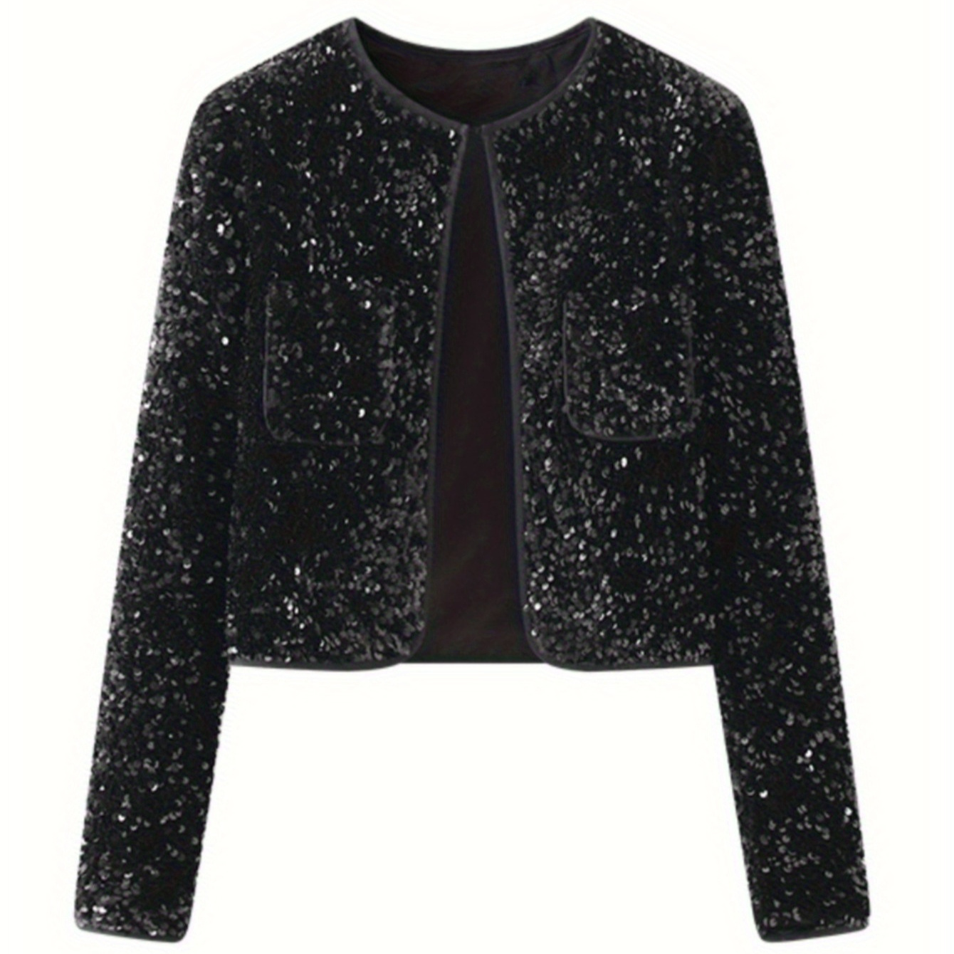 

Cardigan Élégant en Velours à Paillettes pour Femme - Col Rond, Épaulettes, Fermeture à Crochet, Veste Courte pour Automne et Printemps, Polyester, Nettoyage à ou à Sec