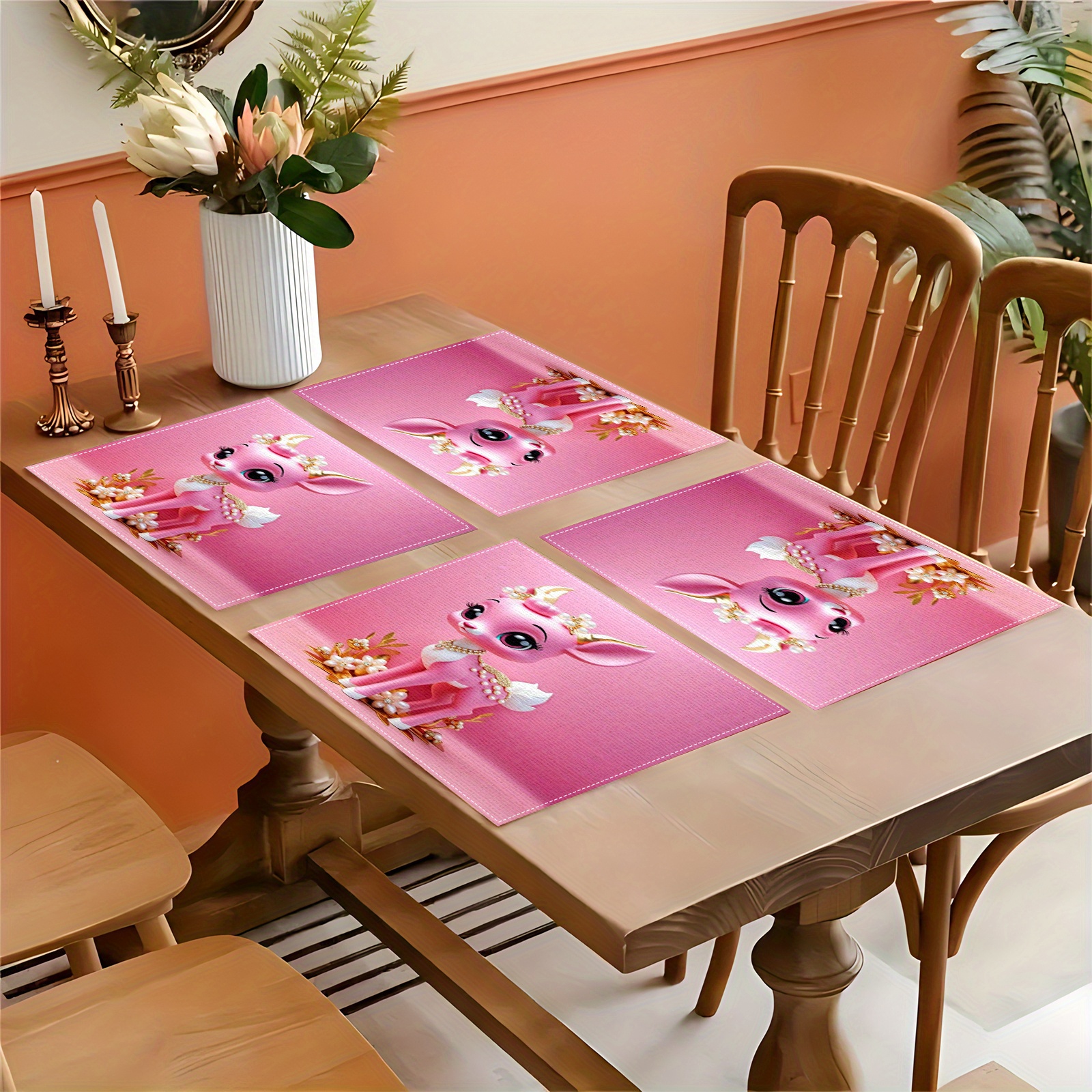 

4pc Polyester Table Placemats Set - Fade Resistant, Machine Washable, High-quality Pink Deer Design For Home Décor, Party, Christmas Dining