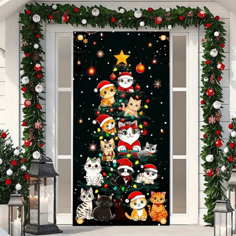 

2d Door Banner 1pc Polyester Christmas Door Banner With Cats, Fabric Hanging Decoration, No Electricity Needed, Indoor/outdoor Use, 35x70 Inches