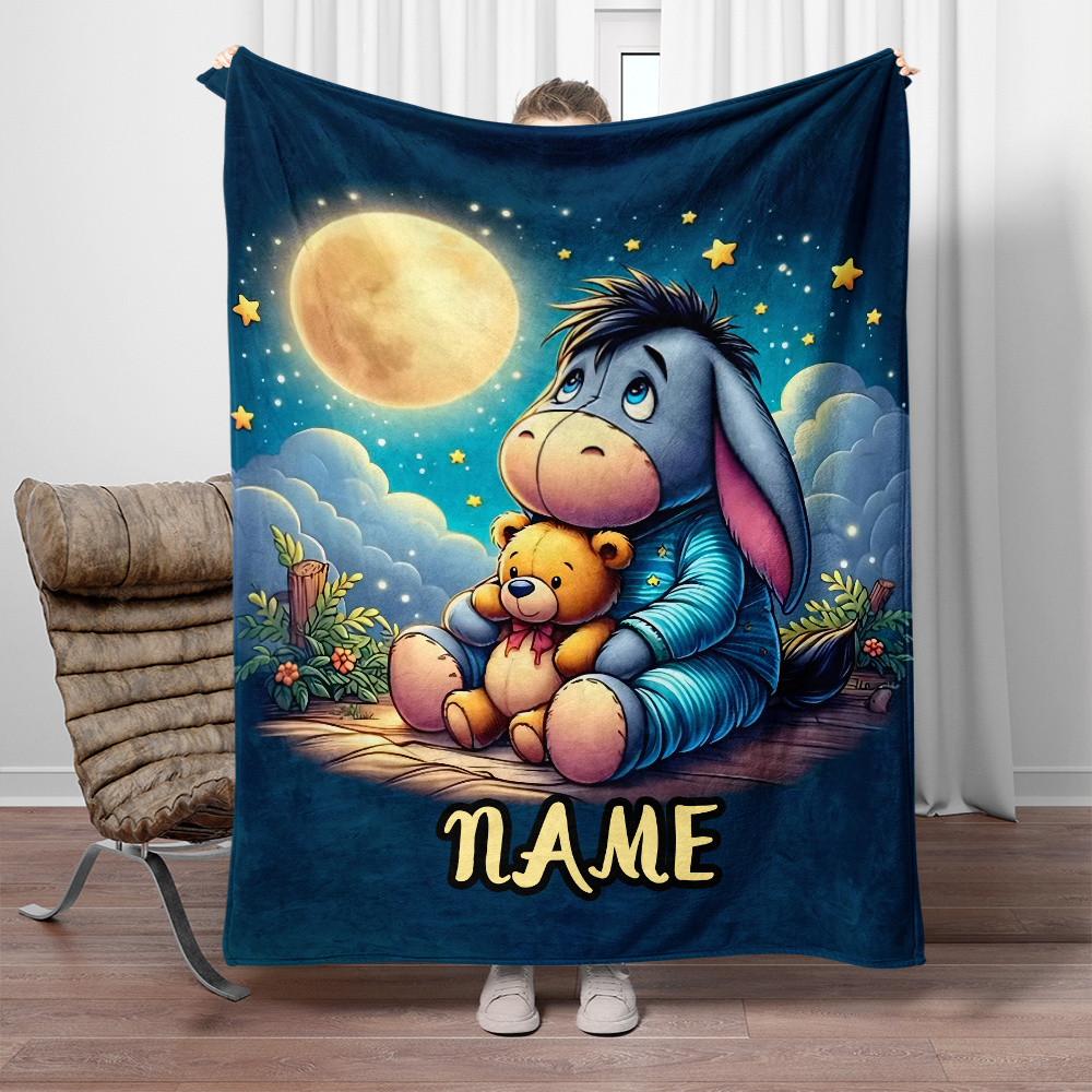 

1pc Personalized Name Cute Eeyore And Bear Print Flannel Throw Blanket - Soft, Warm Digital Printed Fleece For Sofa, Bed, Camping, Office - Lightweight, Tear Resistant, All Seasons Glam Style Decor