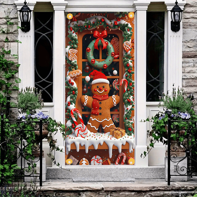 

1pc Christmas Gingerbread Man Door Cover - 100% Polyester Holiday Door Decoration, No Electricity Needed - Festive Indoor Party Decor 35x70 Inches