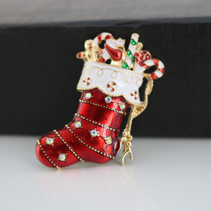 

Christmas Gift Enamel Sock Brooch Holiday Cute Diamond Encrusted Pin