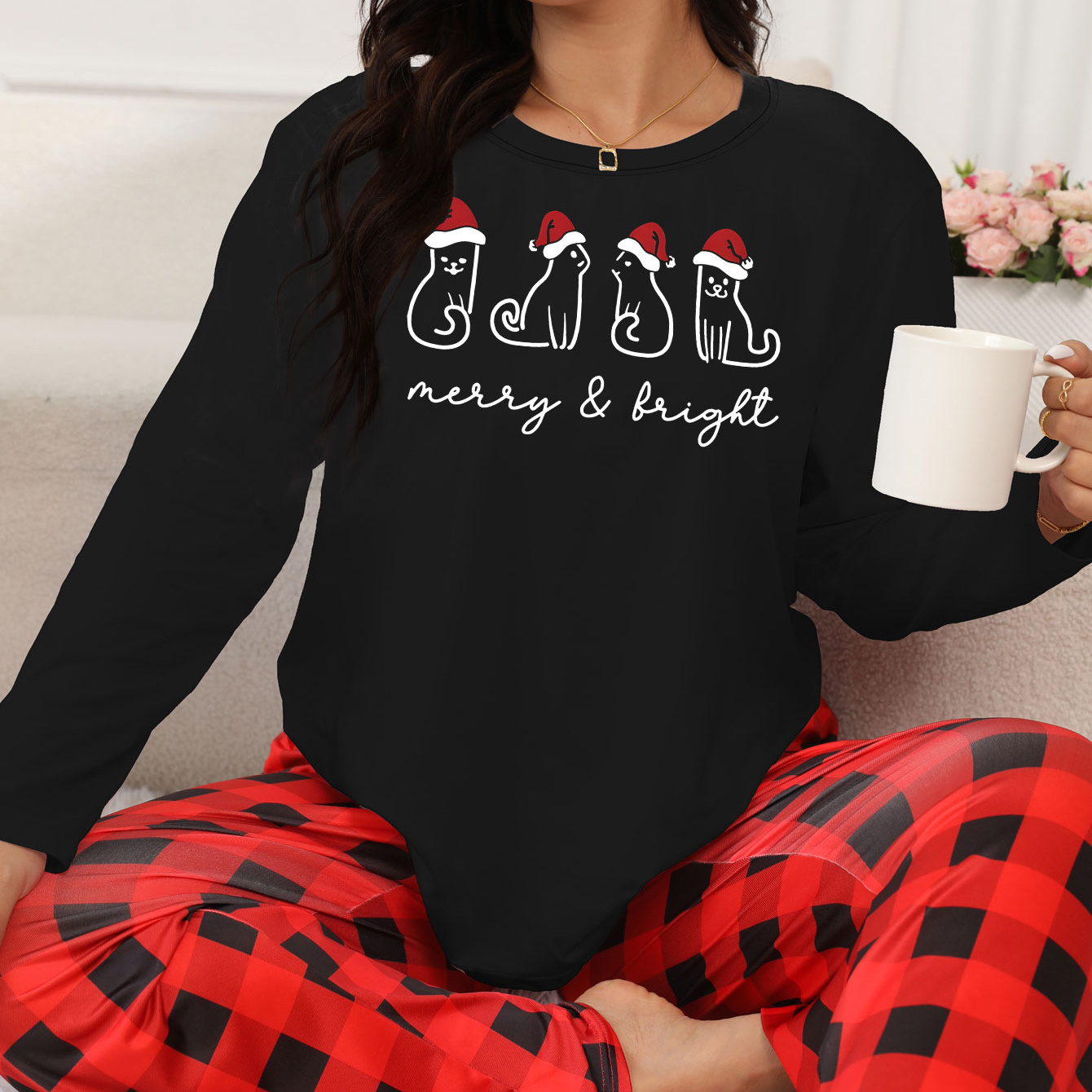 

Plus Size Women's Christmas Set - Cat & , Long Sleeve Top Pants, Stretchy Polyester ,