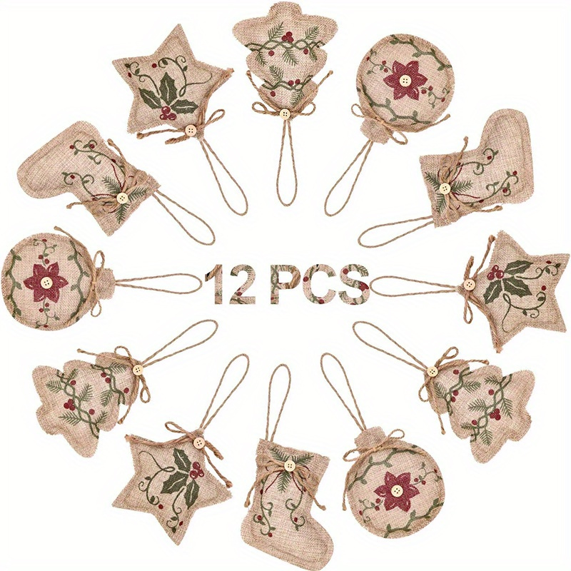 

12- Burlap Christmas Tree Ornaments - Hanging Decor, Includes And , No Required, For Christmas And New , Hanging Decorations