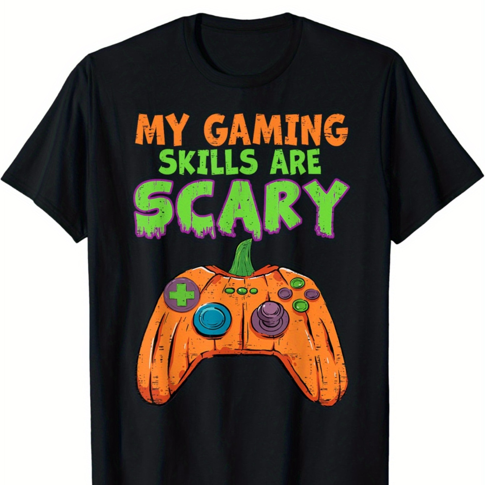 

Gaming Skills Pumpkin Controller Boys Gamer T-shirt For Kids, Soft Fabric, Breathable, Comfortable Short Sleeve Toddlers Tees Perfect For Summer