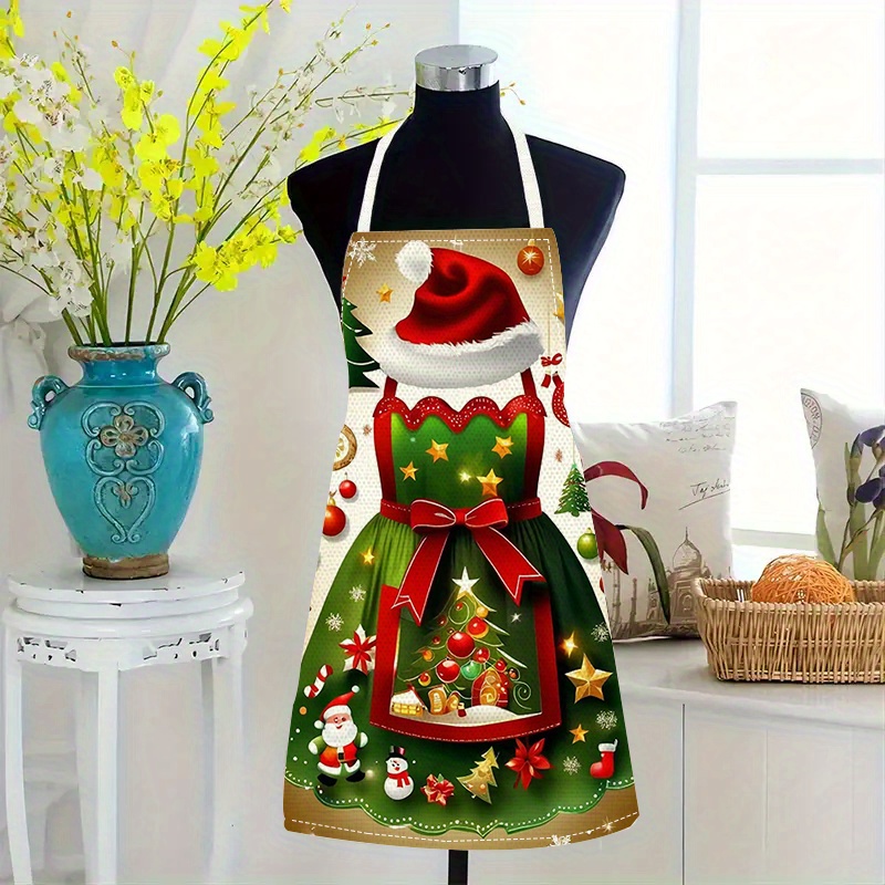 

Festive Christmas Apron: Large Linen Kitchen Apron With Santa Hat And Star Patterns - Perfect For Holiday Cooking