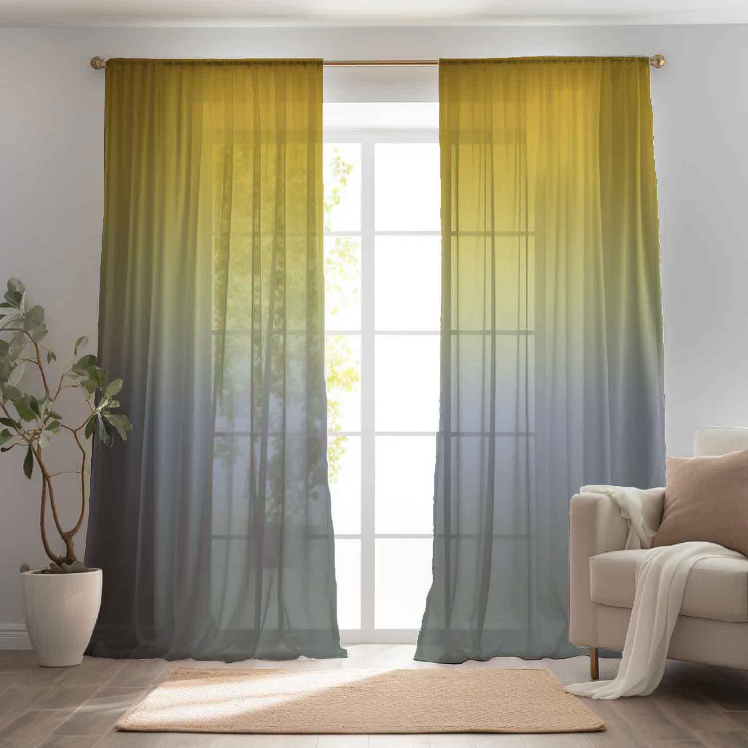 

Modern Minimalist Yellow To Gray Gradient Print Curtains: Easy To , Suitable For Living Room And Bedroom, Durable And Easy To Hang