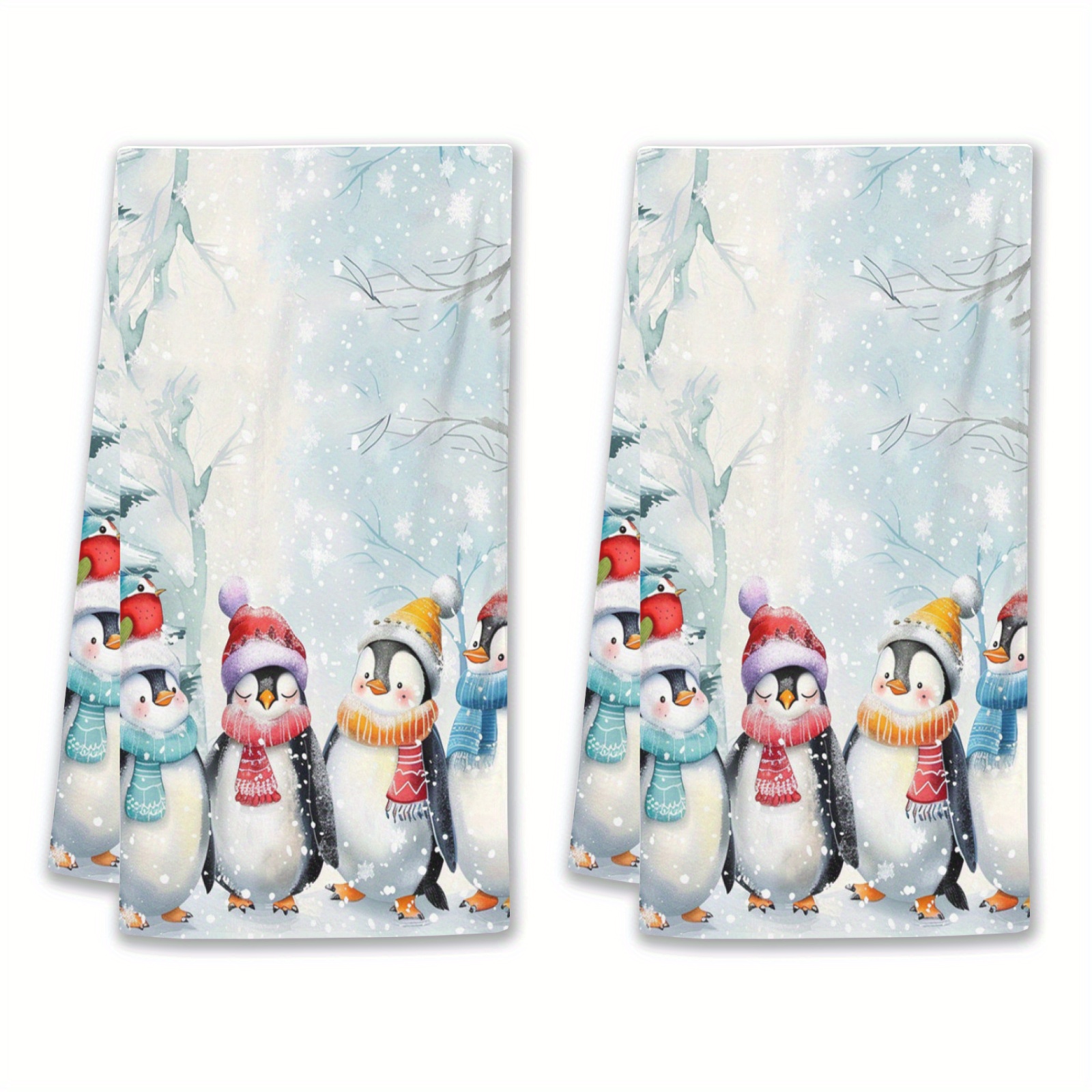 

2-pack Christmas Penguin Kitchen Towels, Modern Polyester Non-woven Super Soft Dishcloths, Hand Wash Only Cartoon Theme Oblong Dish Towels For Home Decor