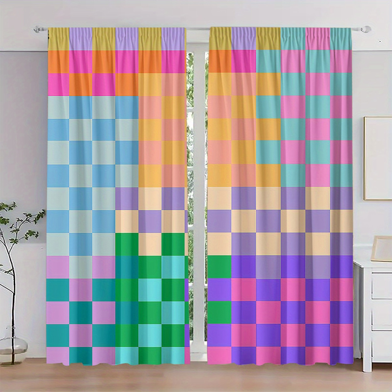 

2pcs Square Pattern Light Filtering Curtains - Rod For Easy Hanging, Bedroom, Living Room, Office & Home Decor
