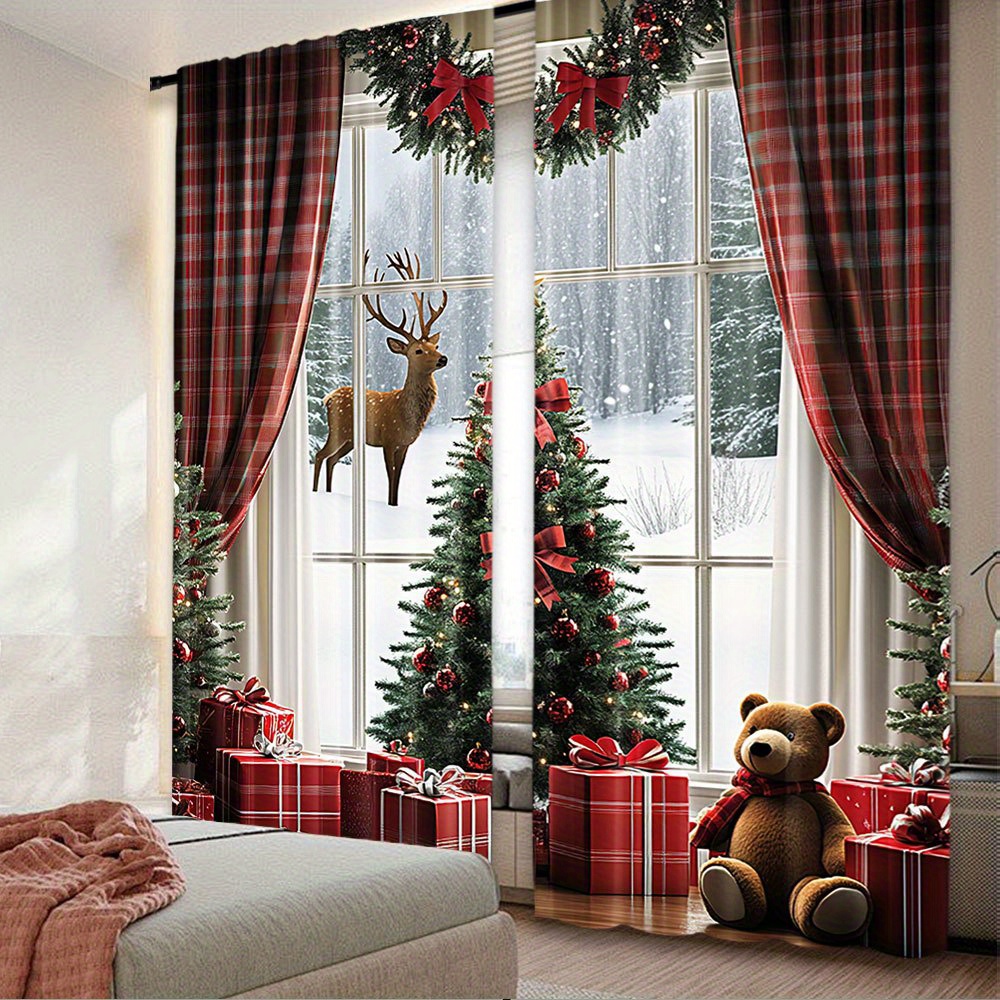 

2pcs Christmas Curtain Set - & Elf , Rod , Polyester - For & Bedroom Decor