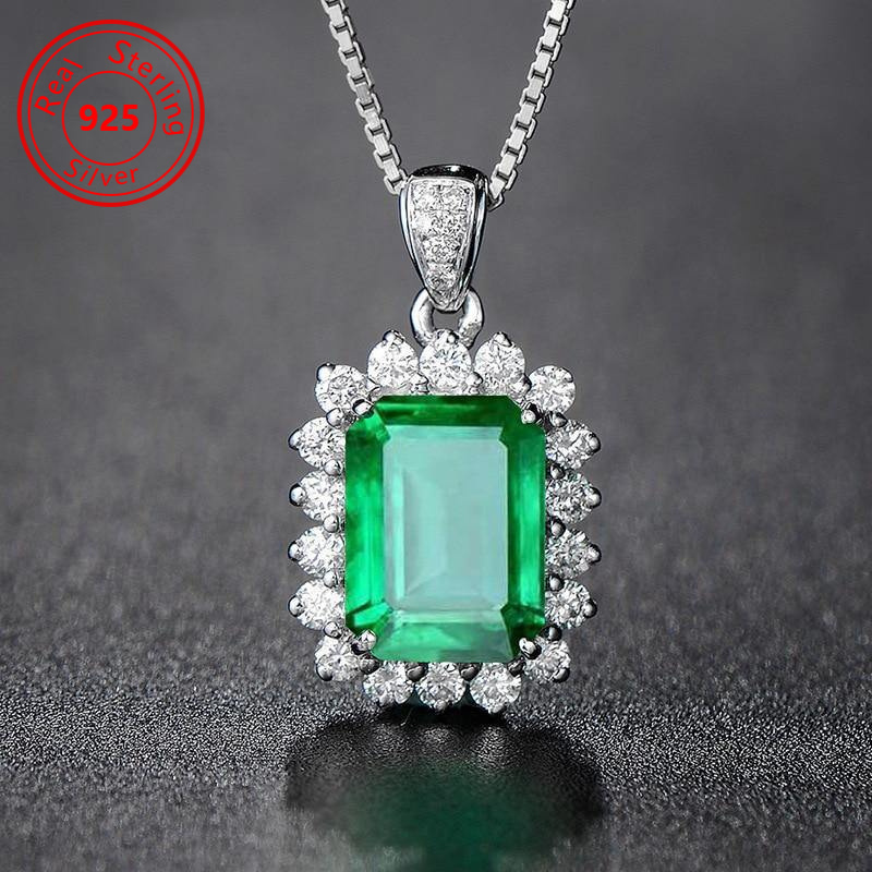 

1 Exquisite Luxury And Fashionable Square Green 925 Sterling Silver Pendant Necklace, Men's And Women's Engagement Wedding Jewelry Accessories