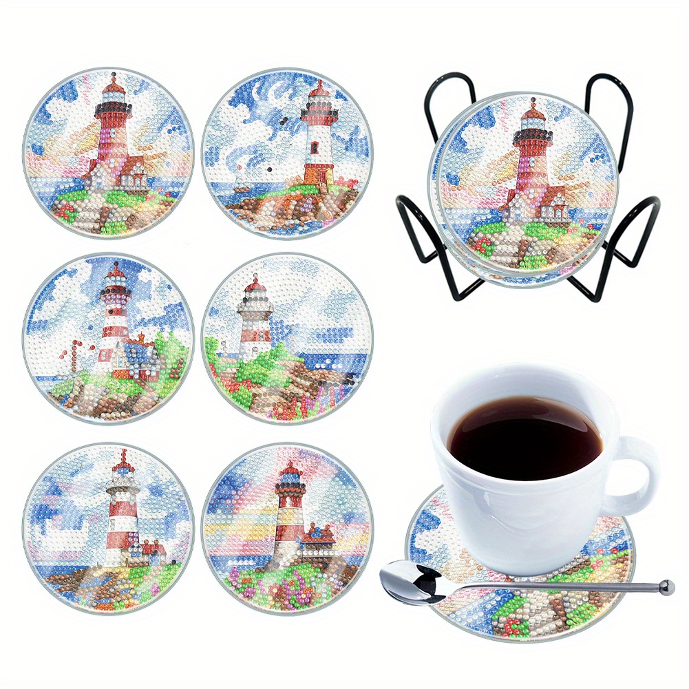 

[upgrade - Waterproof Coaster]6pcs Diy Lighthouse Coaster Set With Holder Diamond Art Coasters For Beginners Adults (with Covers)