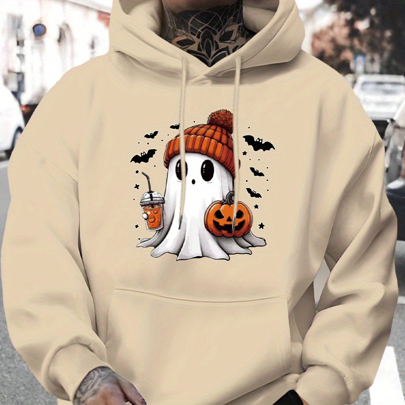 

Men's Halloween Hoodie - Fall/winter Season, Knitted Fabric, Regular Fit, 100% Polyester, Alphabet Pattern, Hooded Collar, Stretch, Long Sleeve Pullover