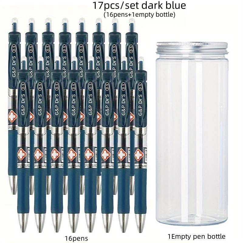 Image of Creative Bullet Head Simple Press Type K35 Prescription Gel Pen Set With Bottle 0.5mm Dark Blue Signature Pens Office Stationery Supply(16pens+1empty Bottle)
