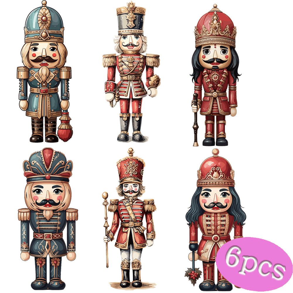 

6-pack Christmas Nutcracker Iron-on Transfer Patches For Diy T-shirt, Jacket, Jeans Decoration – Vintage Style Heat Transfer Apparel Decals