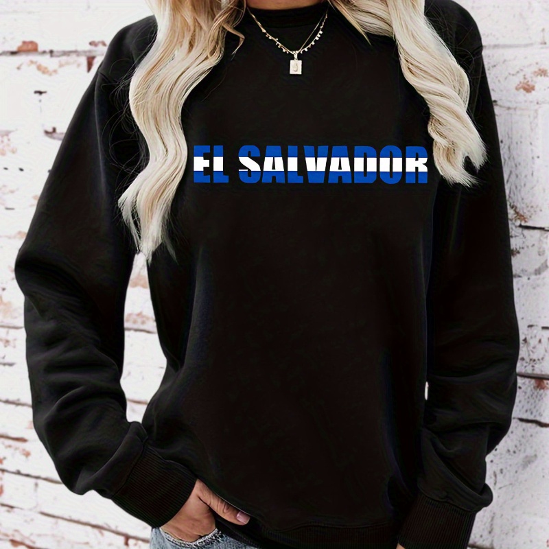 

Mature Style Women's Sweatshirt With "el Salvador" Print, Polyester Knit Fabric, Casual Round Neck Pullover, Adult Sweatshirt